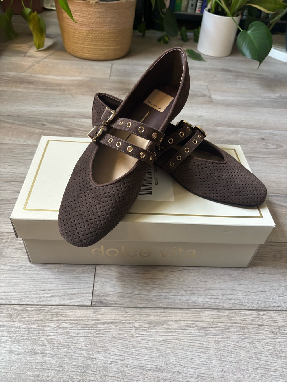 Dolce Vita Baylee Dark Brown Perforated Mary Jane Flats, Double Grommet Straps